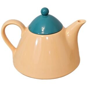 Vintage Mid Century Modern Italian Pagnossin Treviso Teapot Ceramic Peach/Teal